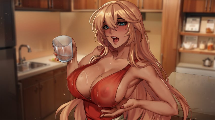 blonde_female blonde_hair blonde_hair blonde_hair_female blue_eyes breasts breasts horny horny_capybara horny_female original original_character red_clothing see-through see-through_clothing see-through_top wet wet_body wet_clothes