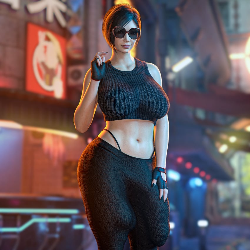 ada_wong black_hair bulge bulge_through_clothing capcom futanari glasses huge_cock penis_outline resident_evil solo sunglasses tiltproofno