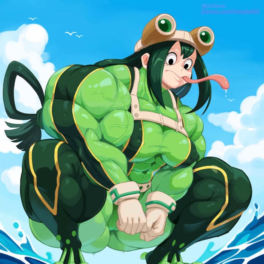 asui_tsuyu bodysuit frog_girl froppy goggles_on_head huge_breasts long_hair massive_pecs muscle_growth muscular_female my_hero_academia tight_clothing tounge_out veiny_muscles