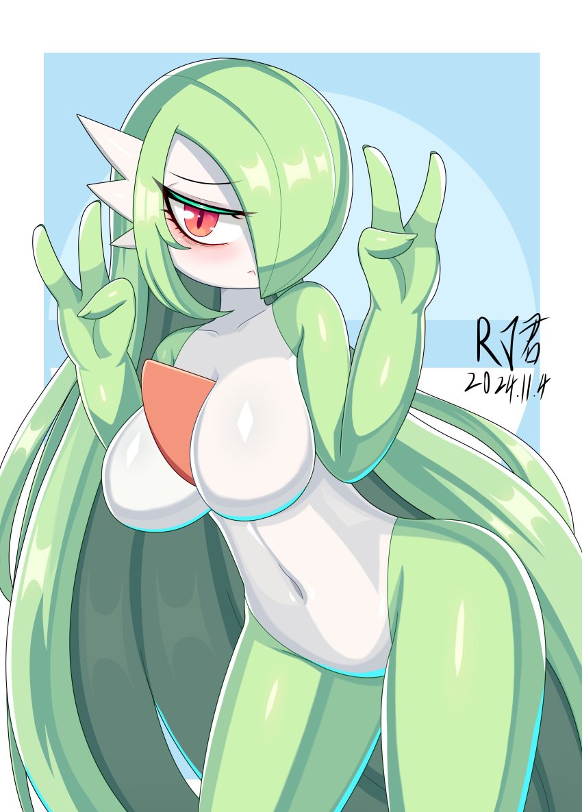 absurd_res big_breasts blue_background blush breasts chest_spike eyelashes featureless_crotch female front_view gardevoir generation_3_pokemon gesture green_body green_hair hair hair_over_eye hand_gesture hi_res huge_breasts humanoid long_hair looking_at_viewer nintendo pokemon pokemon_(species) red_eyelashes rj40047087 simple_background solo spikes spikes_(anatomy) thick_thighs v_sign white_background white_body wide_hips