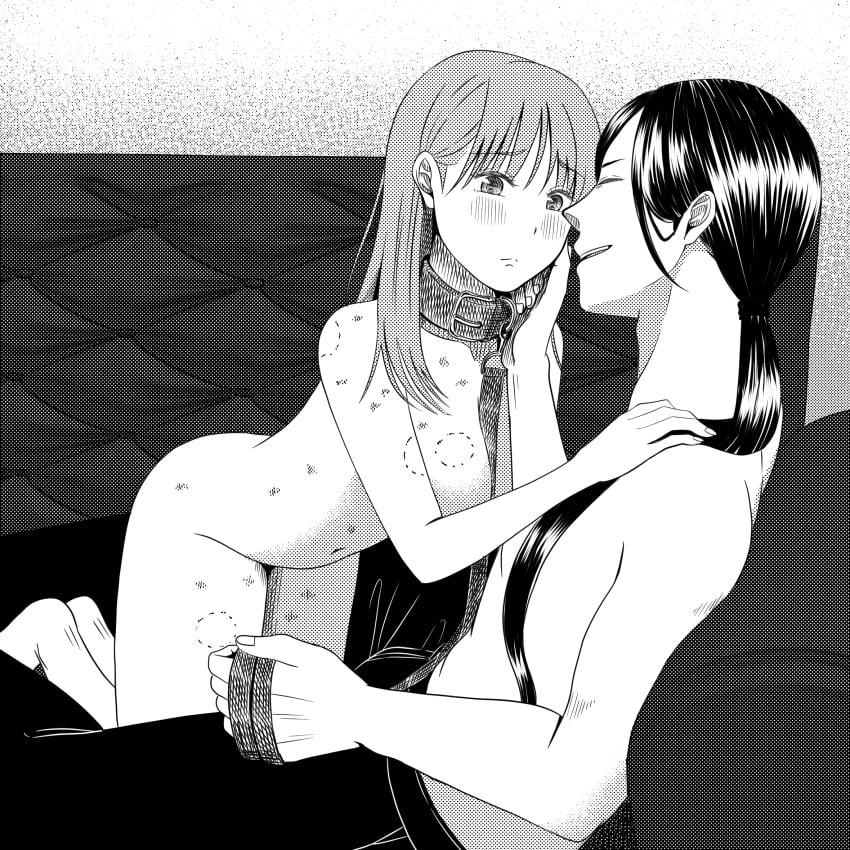 1boy 1girls bite_mark blush breasts check_character check_copyright clothed_male_nude_female collar couple dominant_male duo_focus female femsub greyscale hickey holding_leash leash long_hair male male/female maledom monochrome no_visible_genitalia nude nude_female original original_character pants shiori_(shiorichandaze) sitting straight submissive_female topless_male