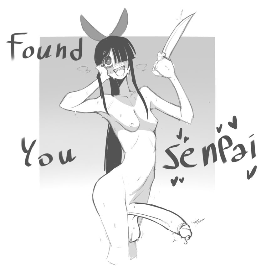 1girl bottomless fake_animal_ears futanari hair_over_one_eye kinky_rat knife large_penis nude small_breasts small_penis solo yandere