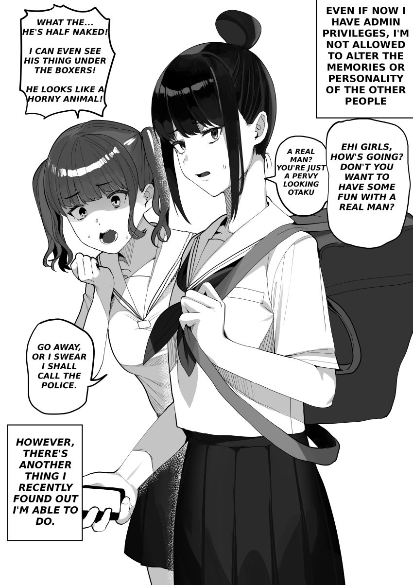 black_eyes black_hair disgusted english_text girls greyscale koiso_usu original scared scared_expression scared_face school_uniform schoolgirl sequence smartphone twintails virtual_reality