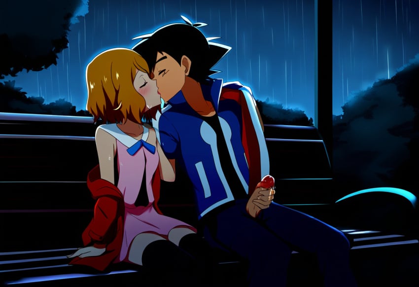 1boy1girl ai_assisted ai_generated handjob kissing makeout night penis pokemon rain satoshi_(pokemon) serena_(pokemon) storm