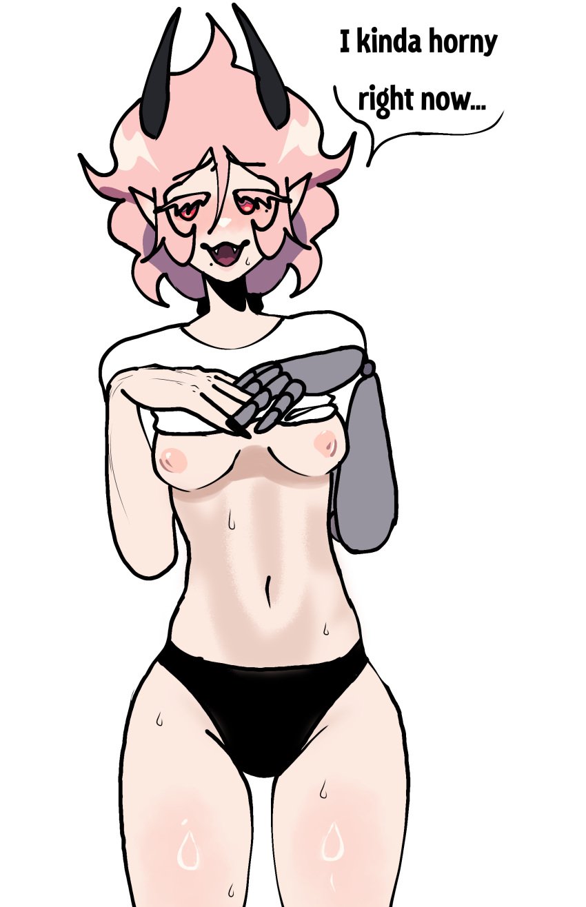 blush horny horny_female oc original_character pink_hair red_eyes shirt_up the_pink_succubus thong vinny_bonnet