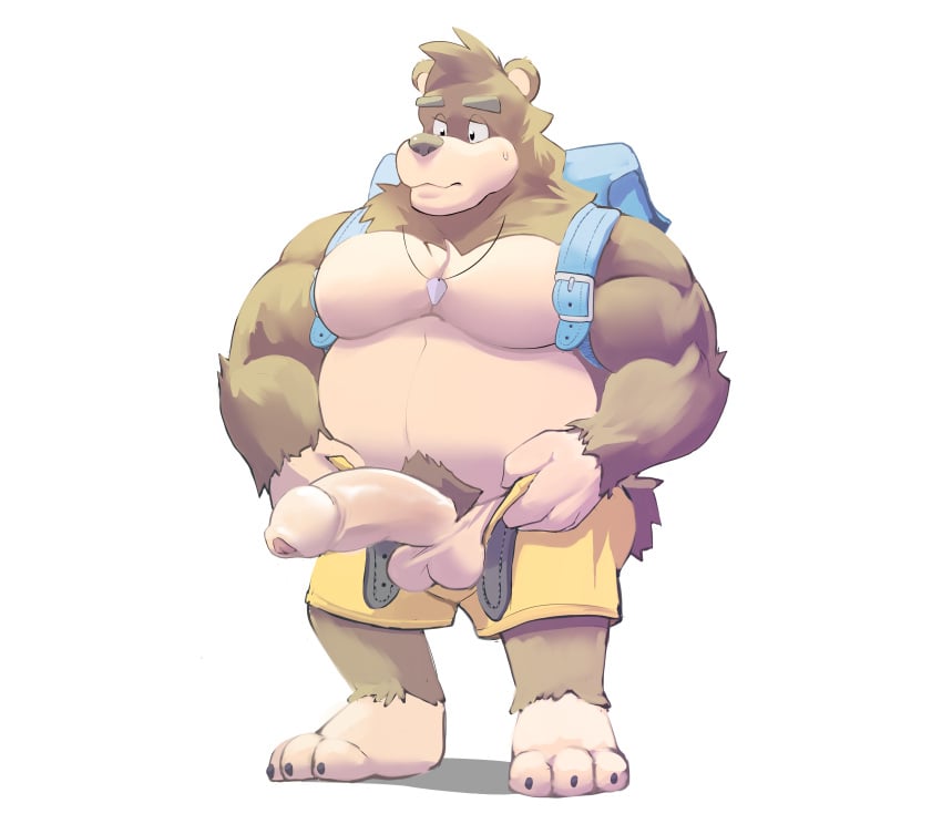 absurd_res anthro backpack balls banjo-kazooie banjo_(banjo-kazooie) barazoku bear belt big_breasts breasts brown_body brown_fur clothed clothing digital_media_(artwork) fur genitals giga_m hair hi_res himbo humanoid jewelry male mammal necklace nude overweight overweight_male pecs penis rareware simple_background solo tight_fit