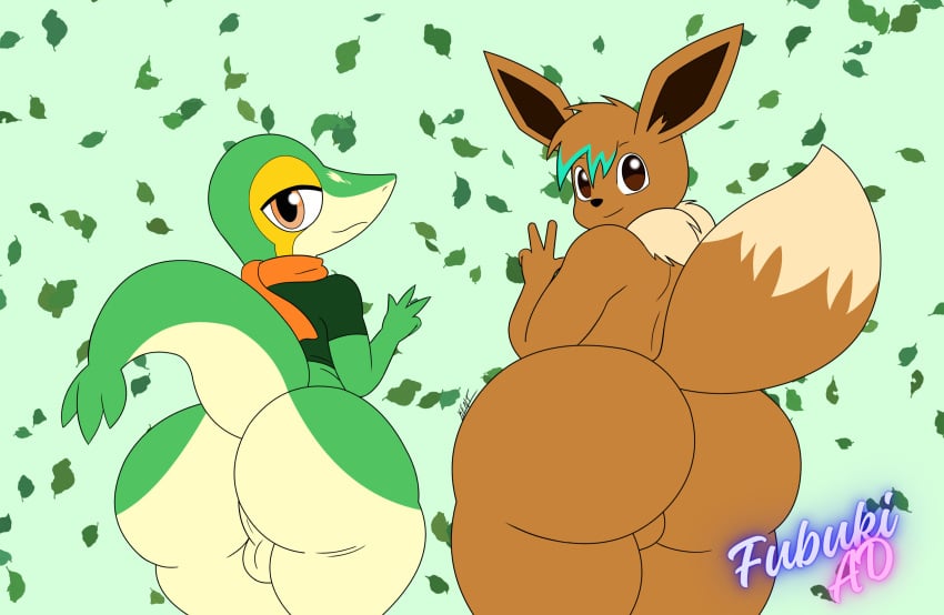 absurd_res anthro ass backsack balls big_butt biped brown_body brown_eyes clothing duo eevee fan_character flat_colors fluffy fluffy_tail generation_1_pokemon generation_5_pokemon genitals gesture green_body green_clothing green_topwear hand_gesture hi_res looking_at_viewer looking_back male male/male male_anthro nintendo orange_eyes perineum pokemon pokemon_(species) rear_view runni_(wolfe_fubuki) smile smiling_at_viewer snivy tail topwear v_sign wide_hips wolfe_fubuki zeeb_(wolfe_fubuki)