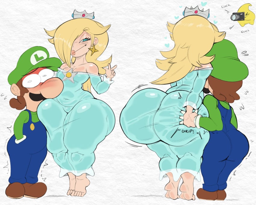 1boy 1girls ass_grab barefoot big_ass blush camera dress grabbing_another's_ass guided_ass_grab huge_ass luigi luma mario_(series) nervous nintendo princess_rosalina purple_yoshi_draws small_breasts squish straight thick_thighs tight_dress wide_hips