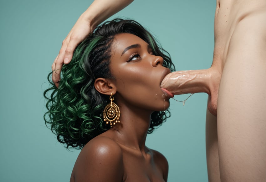 african african_female ai_generated blowjob dark-skinned_female earrings female_focus hand_on_head helpful_science interracial light-skinned_male multicolored_hair simple_background