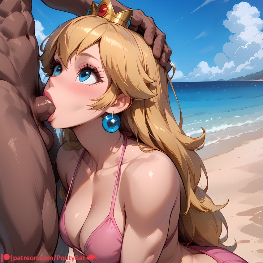 ai_generated beach bikini blonde_hair blowjob blue_eyes crown dark-skinned_male earrings female poutybat princess_peach