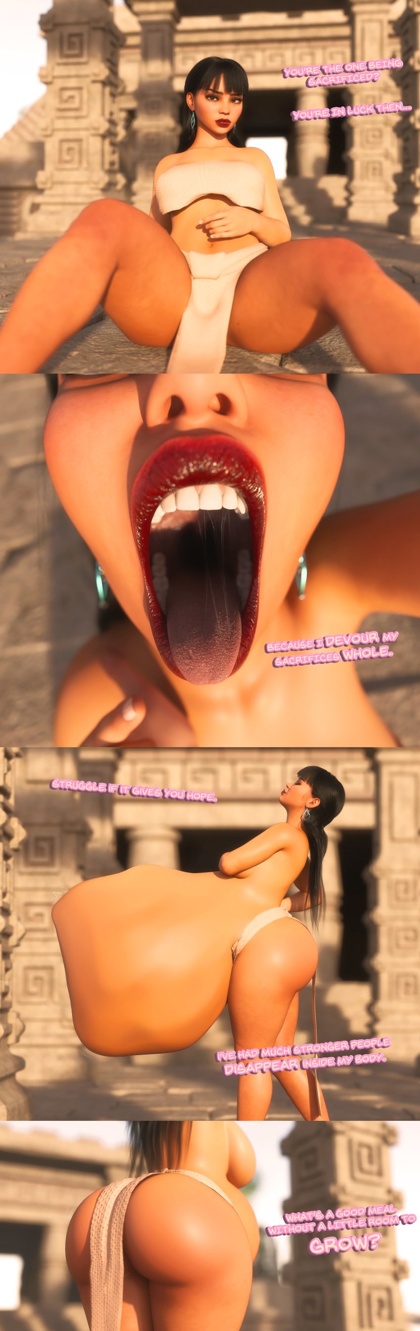 1girls ass big_ass big_breasts big_butt black_hair black_hair_female breasts chel chel_(the_road_to_el_dorado) clothed clothed_female dark-skinned_female dark_skin diskdata long_hair mawshot mouth_open open_mouth oral_vore partially_nude partially_retracted_foreskin pov prey_pov same_size_vore soft_vore squirming squirming_gut struggling struggling_prey the_road_to_el_dorado topless topless_female vore vore_belly