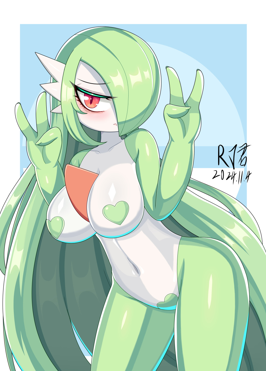 absurd_res big_breasts blue_background blush breasts chest_spike eyelashes female front_view gardevoir generation_3_pokemon gesture green_body green_hair hair hair_over_eye hand_gesture heart_pasties hi_res huge_breasts humanoid long_hair looking_at_viewer maebari mostly_nude nintendo pasties pokemon pokemon_(species) red_eyelashes rj40047087 simple_background solo spikes spikes_(anatomy) thick_thighs v_sign white_background white_body wide_hips