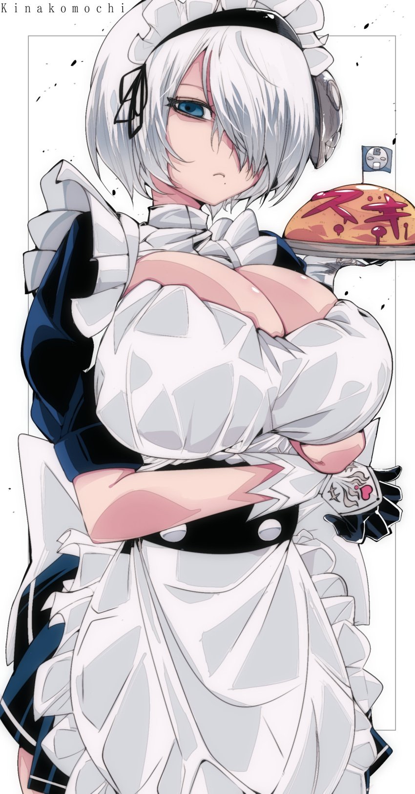 1girls big_breasts blue_eyes breasts clothed clothing female female_only hairband huge_breasts light-skinned_female light_skin looking_at_viewer maid maid_outfit maid_uniform nier nier:_automata omochi_db short_hair solo white_hair yorha_2b