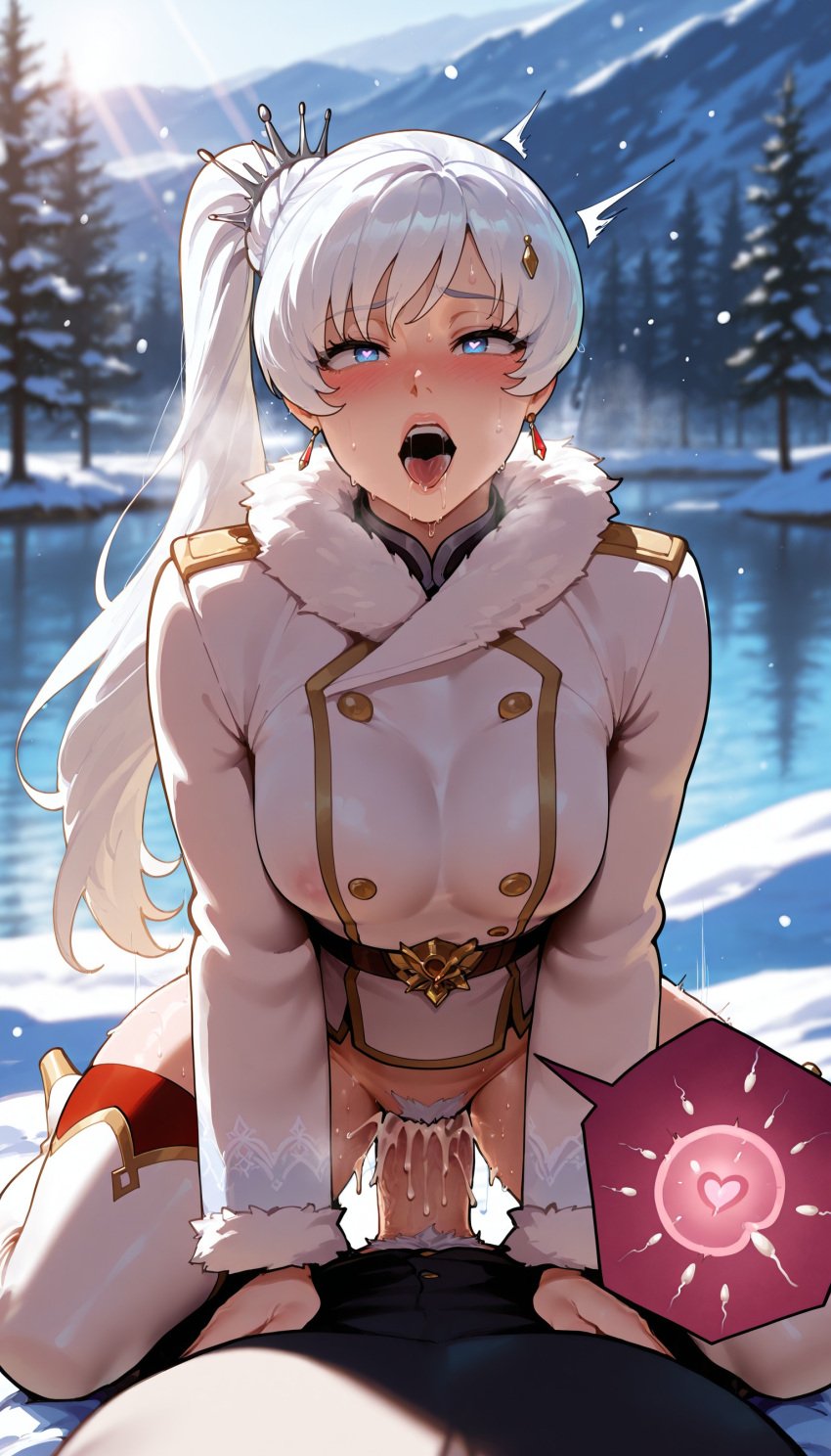 1boy 1girls ahe_gao ahegao ai_generated blue_eyes bottomless breasts coat cowgirl_position cum cum_in_pussy cum_inside fertilization fur_collar fyssok heart-shaped_pupils high_heel_boots impregnation lake ovum penis pov rwby sex side_ponytail snow snowing sperm_cell stable_diffusion straddling thighhighs tree vaginal_penetration weiss_schnee white_hair winter