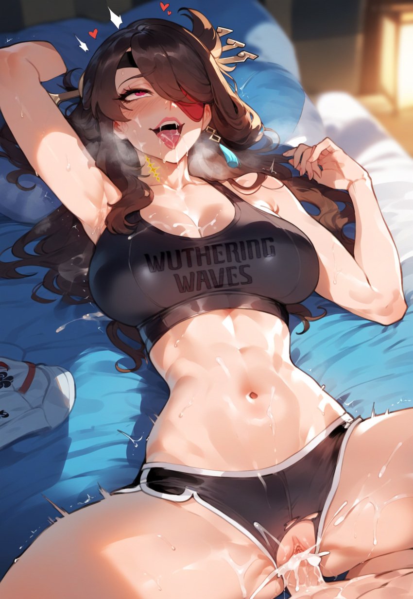 1boy 1girls ahegao ai_generated beidou_(genshin_impact) cum_inside dominant_male fucked_silly genshin_impact male_rover_(wuthering_waves) missionary_position on_bed rover_(wuthering_waves) sex straight sweat tacet_mark_(wuthering_waves) tongue_out vaginal_penetration wuthering_waves