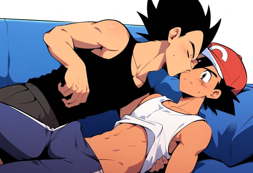 ai_assisted ai_generated dragon_ball_z gay kissing makeout pokemon satoshi_(pokemon) shirt_lift shirt_up touching_nipples vegeta