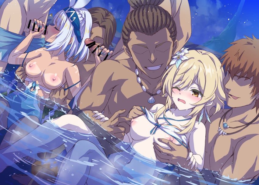 2girls 5boys bare_shoulders bikini blonde_hair blue_hair blue_one-piece_swimsuit blush body_markings braid breasts censored closed_eyes clothes_pull double_handjob erection feather_hair_ornament feathers fellatio flower genshin_impact grabbing_another's_breast groping group_sex hair_flower hair_ornament hairband handjob large_breasts light_blue_hair long_hair low_twin_braids lumine_(genshin_impact) lumine_(hot_springs)_(genshin_impact) marugoshi_(54burger) medium_breasts medium_hair mixed-sex_bathing mualani_(genshin_impact) mualani_(hot_springs)_(genshin_impact) multiple_boys multiple_girls nipple_stimulation nipple_tweak nipples one-piece_swimsuit one_eye_closed onsen open_mouth oral orgy penis ponytail shared_bathing short_hair sidelocks smile straight swimsuit tan thighs twin_braids two-tone_swimsuit water white_bikini white_hair white_one-piece_swimsuit yellow_eyes