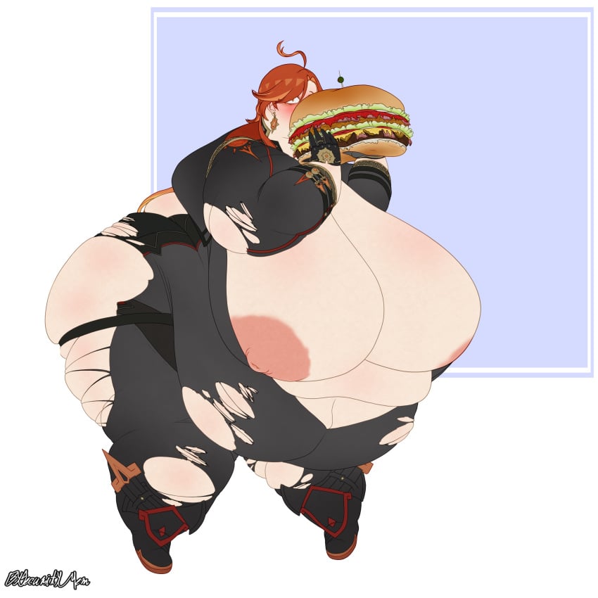 1female 1females 1girl 1girls artist_request big_breasts breasts burger character_request fat fat_female fat_girl fat_woman genshin_impact hoyoverse hyper_breasts light_skin mavuika_(genshin_impact) mihoyo mihoyo_technology_(shanghai)_co._ltd. natlan_girls nipples obese obese_female overweight overweight_female ripped_clothing solo solo_female solo_focus ssbbw standing tagme thick_thighs thighs torn_clothes torn_clothing wide_hips