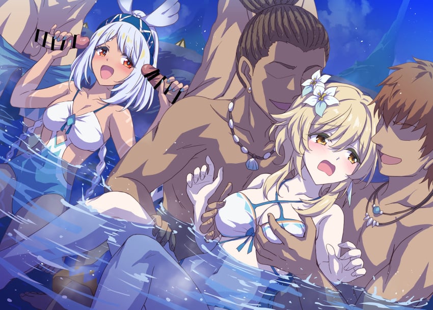 2girls 4boys bare_shoulders bikini blonde_hair blue_hair blue_one-piece_swimsuit blush body_markings braid breasts censored cleavage double_handjob erection feather_hair_ornament feathers flower genshin_impact grabbing_another's_breast groping group_sex hair_flower hair_ornament hairband handjob large_breasts light_blue_hair long_hair low_twin_braids lumine_(genshin_impact) lumine_(hot_springs)_(genshin_impact) marugoshi_(54burger) medium_breasts medium_hair mixed-sex_bathing mualani_(genshin_impact) mualani_(hot_springs)_(genshin_impact) multiple_boys multiple_girls one-piece_swimsuit onsen open_mouth orgy penis ponytail red_eyes shared_bathing short_hair sidelocks smile straight swimsuit tan thighs twin_braids two-tone_swimsuit water white_bikini white_hair white_one-piece_swimsuit yellow_eyes