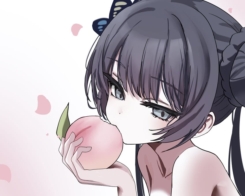 black_hair blue_archive braid braided_bun butterfly_hair_ornament collarbone double_bun eating female food fruit gradient_background grey_eyes hair_bun hair_ornament holding holding_food holding_fruit kisaki_(blue_archive) kukud4th long_hair looking_to_the_side nude peach petals pink_petals sidelocks solo twintails upper_body