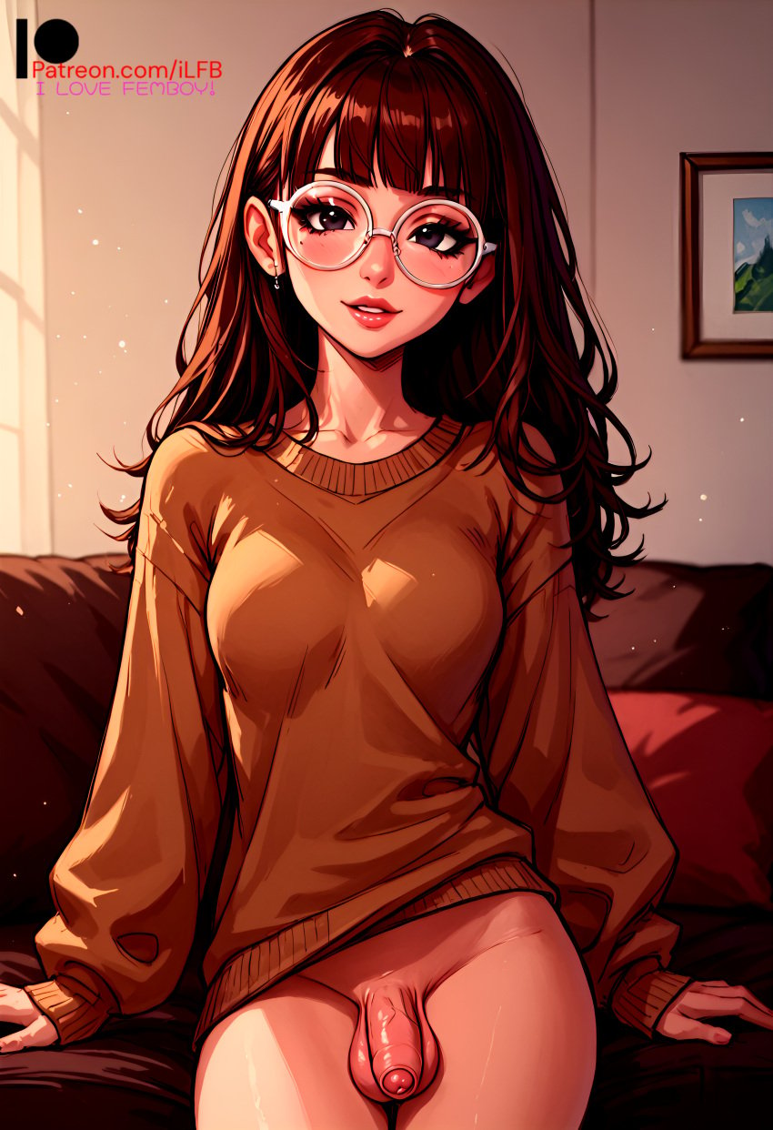 1futa ai_generated ambiguous_gender brown_hair brown_sweater cute dickgirl flaccid flaccid_penis flat_chest futa futa_only futanari glasses ilfb light-skinned_futanari long_hair looking_at_viewer medium_breasts purple_eyes small_penis sofa standing sweater trap