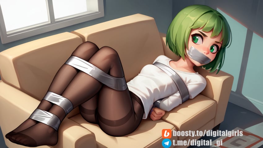 ai_generated bondage bound_arms bound_knees duct_tape dutch_angle green_eyes green_hair hands_behind_back looking_back olive_hair on_back on_couch oversized_clothes pantyhose solo tape_gag taped_mouth tied_arms tied_hands tied_legs tied_shirt tied_up