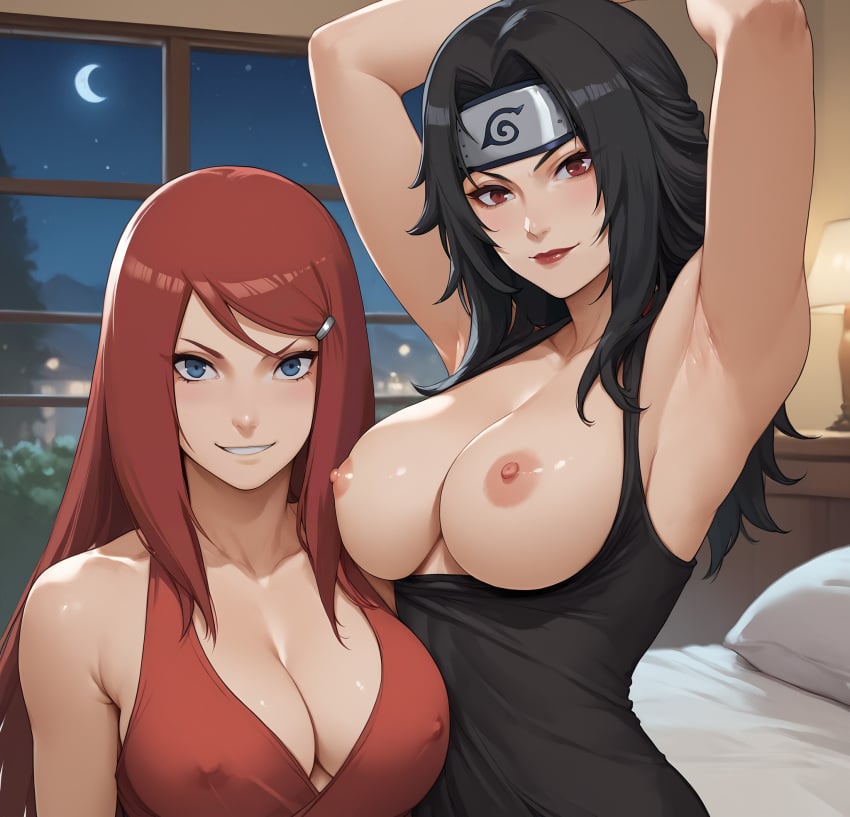 2girls adapted_costume ai_generated armpits arms_behind_head arms_up before_sex big_breasts black_hair blue_eyes breasts breasts_out center_opening cleavage crossed_legs dress exposed_breasts female female_focus huge_breasts kurenai_yuhi large_breasts light-skinned_female light_skin long_hair looking_at_viewer mature mature_female milf multiple_girls nai_diffusion naruto naruto_(series) naruto_shippuden nipples no_bra no_bra_under_clothes presenting_breasts red_eyes red_hair revealing_clothes showing_breasts sitting skimpy skimpy_clothes smile stable_diffusion take_your_pick temptart upper_body uzumaki_kushina