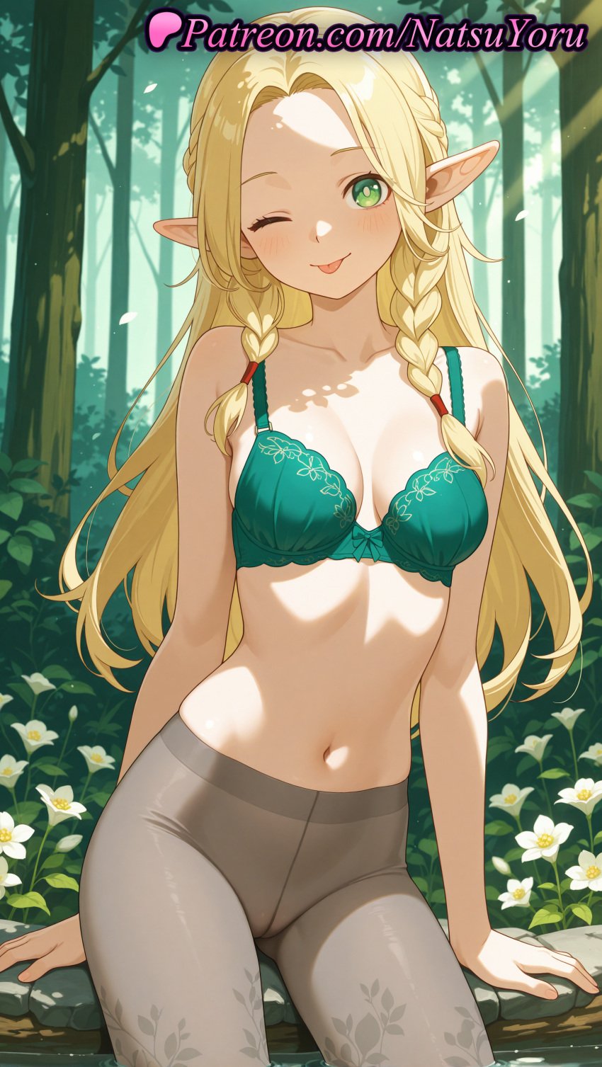 1girls ai_generated anime anime_style arm_support bangs bare_arms bare_shoulders blonde_hair blush bra braid breasts bust busty cleavage closed_mouth collarbone cowboy_shot crotch_seam dappled_sunlight day delicious_in_dungeon dungeon_meshi elf elf_ears female female_focus female_only female_solo flower forehead forest green_bra green_eyes grey_pants grey_pantyhose hentai hi_res high-waist_pantyhose high_quality high_resolution highres long_hair looking_at_viewer marcille_donato medium_breasts natsuyoru nature navel no_panties no_shirt one_eye_closed outdoors pantyhose parted_bangs patreon pointed_ears pointy_ears sitting smile soaking_feet solo solo_female stomach sunlight tongue tongue_out tree twin_braids underwear underwear_only voluptuous voluptuous_female wading water white_flower