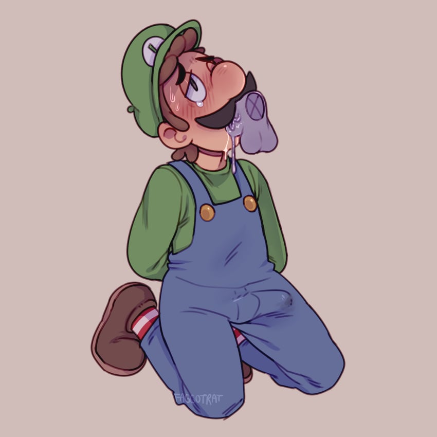 1boy arms_behind_back balls blowjob blue_overalls blush boner bulge clothing erection facial_hair faggotrat floating_penis gay gay_sex genitals green_hat green_shirt hat light-skinned_male light_skin looking_up luigi male male_only mario_(series) moustache nintendo on_knees oral oral_sex overalls penis penis_in_mouth purple_penis short_hair simple_background sweat sweating testicles