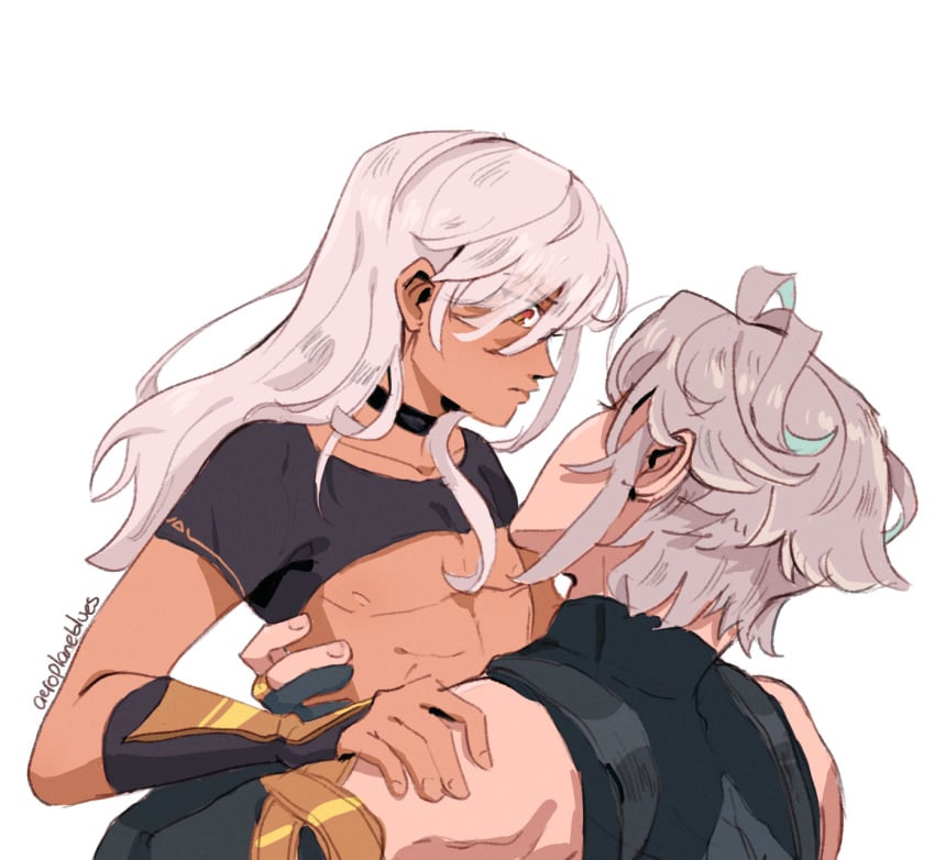 2boys alhaitham_(genshin_impact) arms_around_partner bare_midriff crop_top cyno_(genshin_impact) femboy gay genshin_impact grey_hair haino hugging lifting_person long_hair long_hair_male male male/male tan-skinned_femboy twink white_hair yaoi