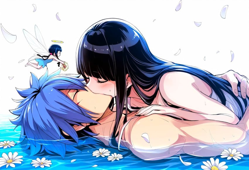 1boy1girl ai_generated anime bangs beautiful beautiful_background black_hair blue_hair closed_eyes crossover crossover_shipping deep_kissing dreson fairy_tail female_on_top flower hair_down hands_on_hips handsome hyuuga_hinata jellal_fernandes kissing kunoichi love mage magic naruto naruto_shippuden ninja novelai passionate passionate_kiss petals romantic sex sexy straight topless_male water white_flower