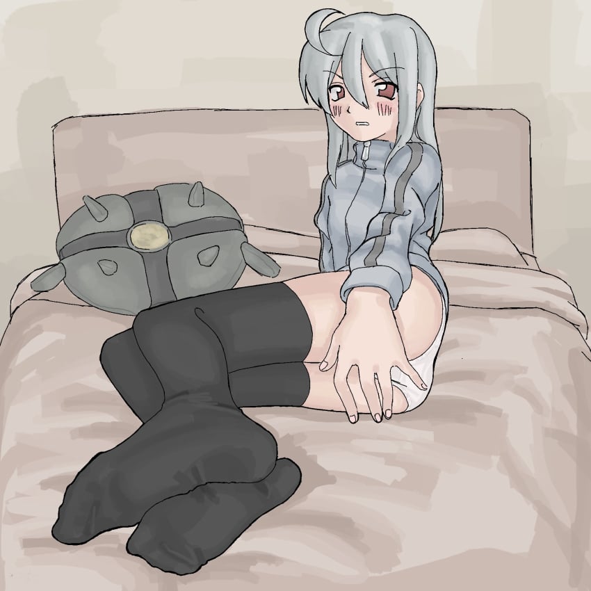 100_percent_orange_juice 1girl annoyed ass black_thigh_highs black_thighhighs blush brown_eyes feet female grey_hoodie hoodie hzshemy looking_at_viewer lying on_bed orange_juice_(company) panties silver_hair solo suguri_(character) thigh_highs thighhighs white_panties