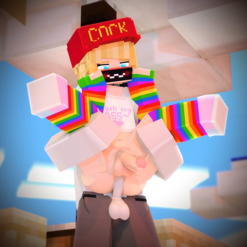 3d anal anal_sex balls baseball_cap blocky_body blonde_hair blue_eyes femboy gay gay_pride gay_pride_colors hat iamcringe mine-imator minecraft penis rainbow_clothing rainbow_thigh_highs thighhighs yaoi