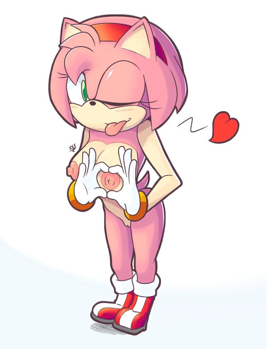 amy_rose areola blush boots bracelet breasts clothing erect_nipples eyelashes female footwear fur gloves green_eyes hairband hand_heart heart hedgehog hi_res jewelry mammal mostly_nude naughty_face nipples one_eye_closed oppai_heart pink_fur pussy solo sonic_(series) supersegasonicss tongue tongue_out wink