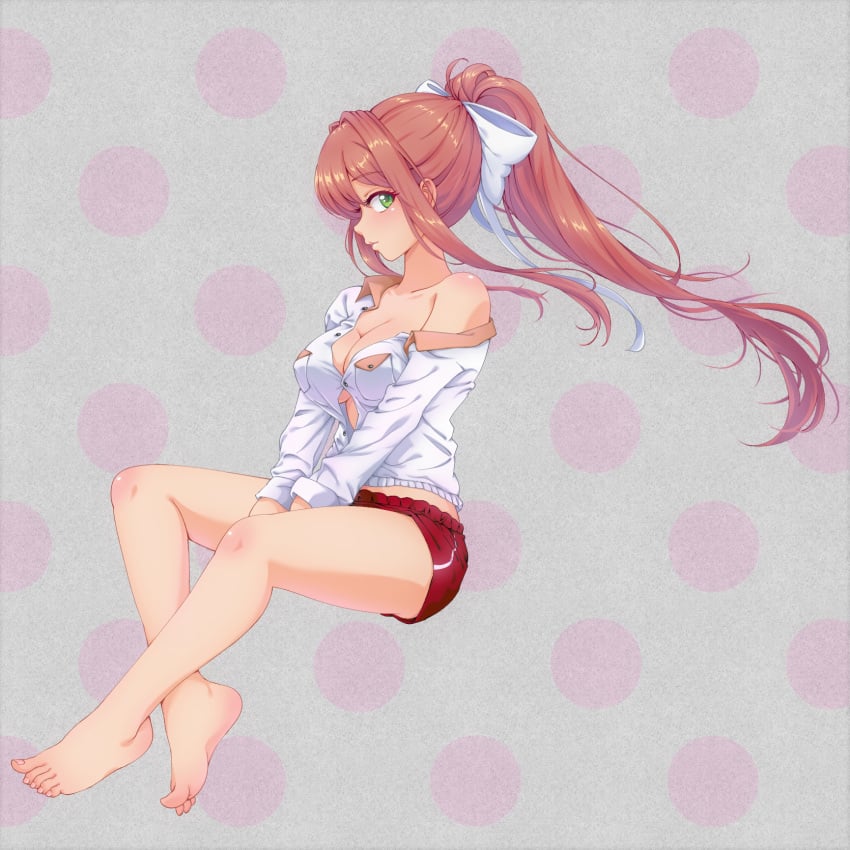 1girls 2018 5_toes adorable anime_style barefoot big_breasts bow_ribbon brown_hair button_down_shirt button_gap cleavage collared_shirt color cute ddlc_background doki_doki_literature_club exposed_shoulder eyelashes feet female female_only floating flowing_hair green_eyes hands_between_thighs hi_res high_resolution highres human human_only long_hair long_sleeves looking_at_viewer monika_(doki_doki_literature_club) nipple_bulge not_furry p-nekoe pajamas ponytail salmon_hair shorts solo solo_female thighs toes underboob wearing_others_clothes white_bow wholesome