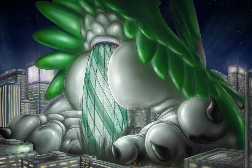 3:2 ambiguous_gender anthro ass avali biped building building_insertion city claws cracks debris feathers finger_claws green_body hi_res lights low-angle_view macro night park paws pond reflection reflective_body solo underfluffies white_body wings yubirb