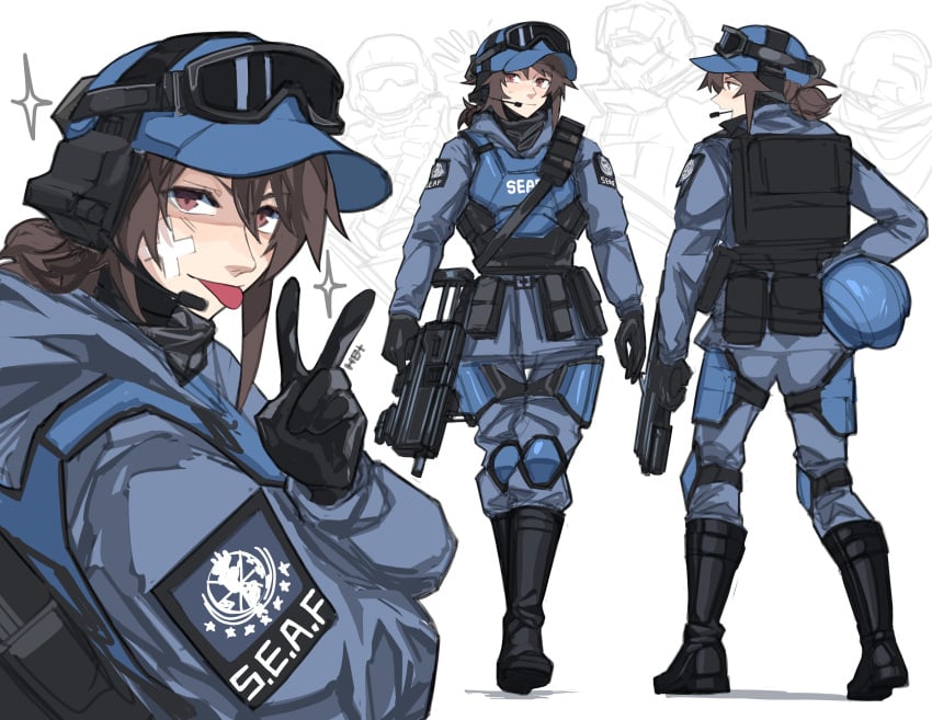 bandage boots brown_hair clothed clothes clothing female_soldier gloves gun heartbreak_juan helldivers helmet oc original original_character seaf_soldier soldier tongue tongue_out