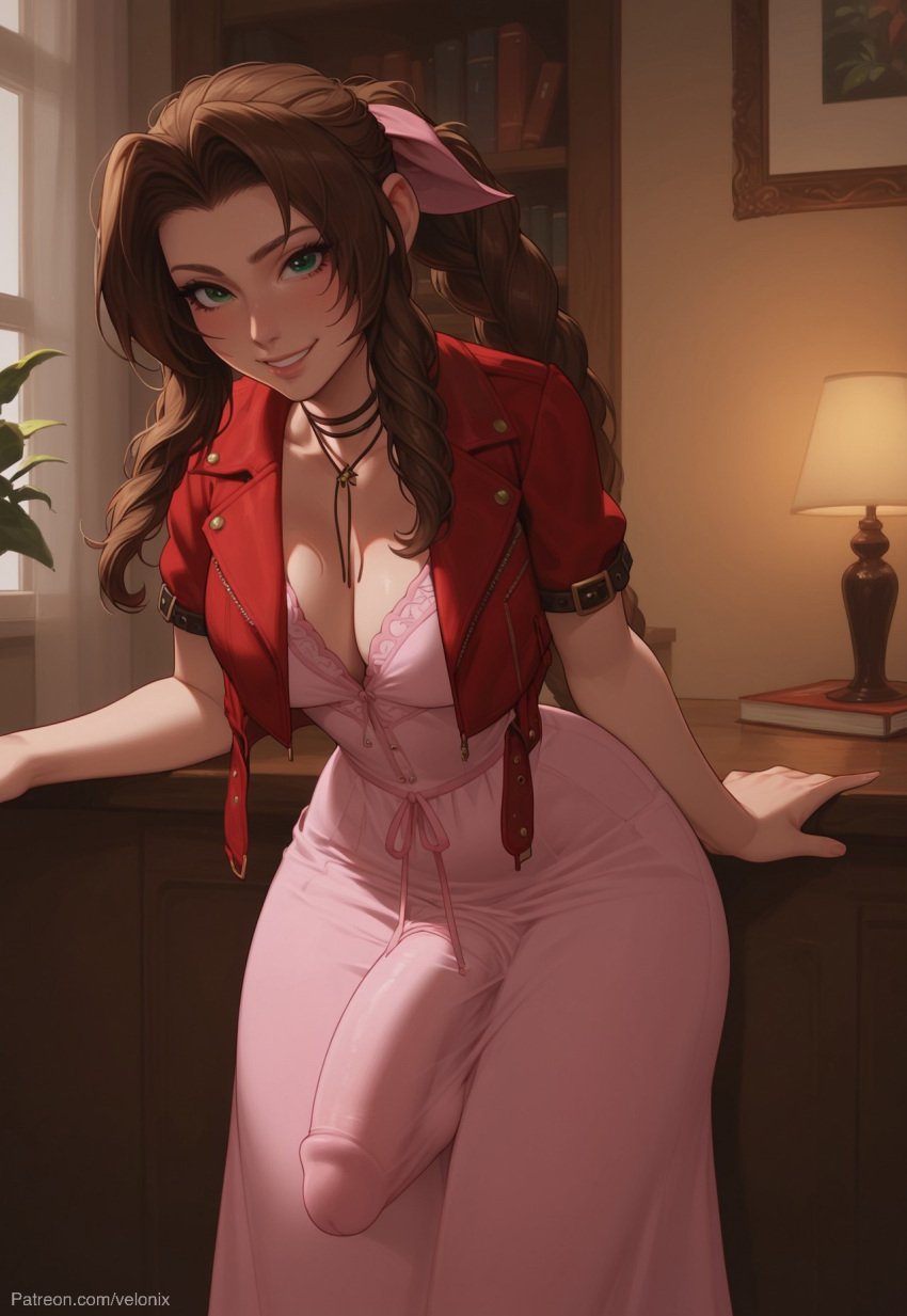 1futa 1futanari aerith_gainsborough ai_generated ass big_ass big_breasts big_butt big_hips big_penis breasts brown_hair bulge bulge_through_clothing cleavage curly_hair dick dickgirl dress eyebrows eyelashes final_fantasy final_fantasy_vii futa_only futanari green_eyes grin grinning grinning_at_viewer hair hands-free huge_cock indoors jacket lips long_hair looking_at_viewer makeup narrow_waist narrowed_eyes nose penis pink_dress red_jacket seducing seductive seductive_eyes seductive_gaze seductive_look seductive_mouth seductive_pose seductive_smile smile smile_at_viewer smiley_face smooth_balls smooth_penis smooth_skin solo solo_dickgirl solo_focus solo_futa solo_futanari testicles velonix