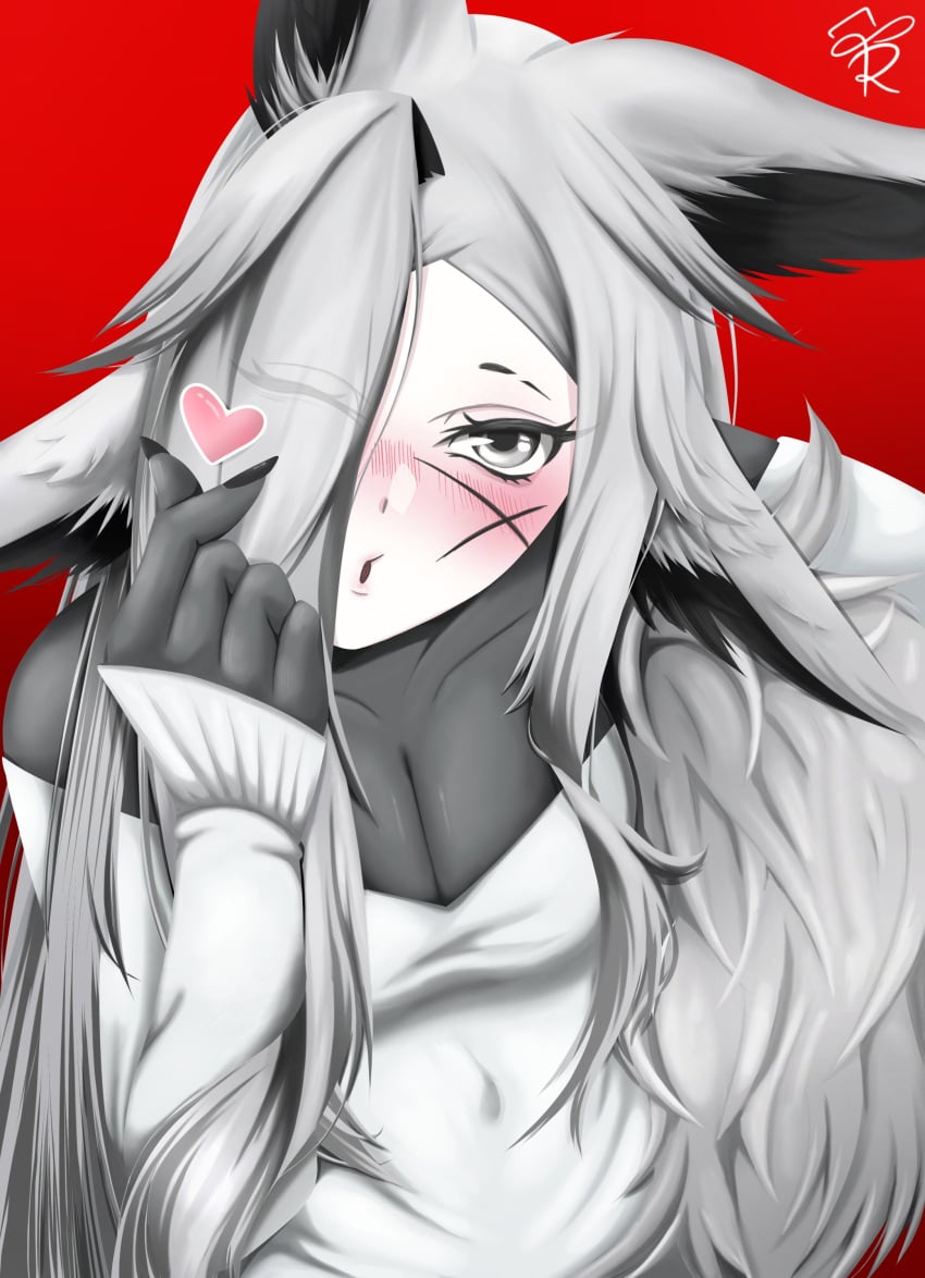 animal_ears blush breasts cleavage dya_rikku_(vtuber) female grey_eyes grey_hair hair_over_one_eye heart large_breasts long_hair looking_at_viewer red_background signature silver_eyes silver_hair solo sweater vyugen