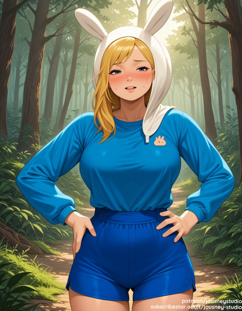 adventure_time ai_generated animal_ears animal_hood bangs blonde_hair blue_eyes blue_shirt blue_shorts blush breasts bunny_ears bunny_girl cartoon_network clothing cowboy_shot day female female female_only fionna_and_cake fionna_campbell fionna_the_human_girl forest grass hands_on_hips high-waist_shorts hood hood_up hoodie jousneystudio large_breasts long_hair long_sleeves looking_at_viewer nature open_mouth original outdoors patreon_logo patreon_username plant shirt shorts smile solo standing sweat thigh_gap thighs tree watermark web_address