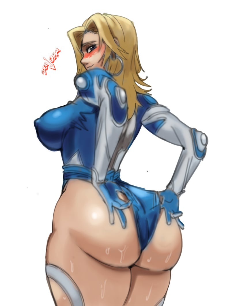 1girls big_ass big_breasts blonde_hair blue_eyes bodysuit bottom_heavy bubble_butt caked_up earrings fantastic_four fat_ass female heroine huge_ass invisible_woman invisible_woman_(marvel_rivals) light-skinned_female light_skin long_hair looking_back marvel_rivals nipple_bulge pawg round_ass scharlottelambo simple_background solo solo_female solo_focus superheroine sweat sweating sweaty_ass thick_thighs tight_clothing video_games voluptuous voluptuous_female wide_hips