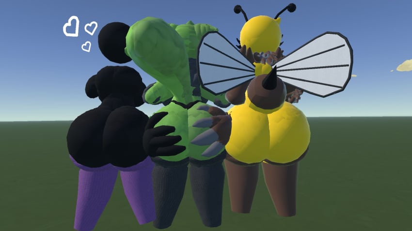 2futas1girl ass_grab back_view bee big_ass big_penis black_body fur green_fur heart_symbol rec_room thighhighs wings