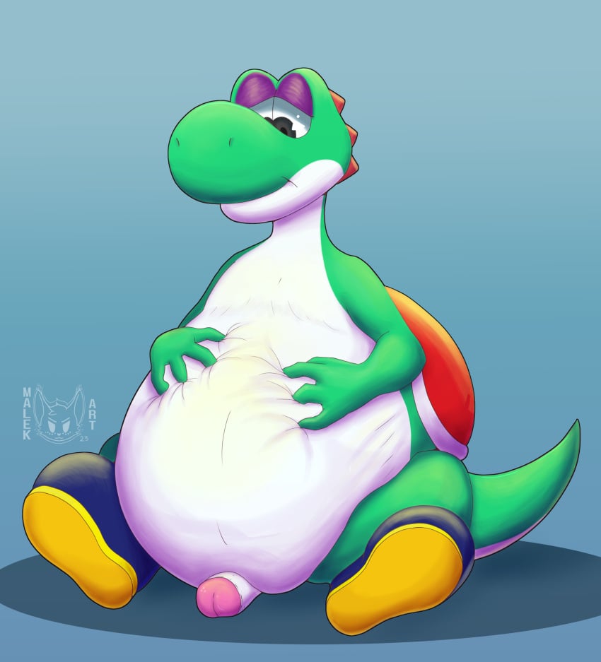 1boy absurd_res anthro belly clothing digital_media_(artwork) erection footwear genitals green_body hi_res humanoid_genitalia male male_pred malekart mario_(series) nintendo nude oral_vore penis reptile scalie shoes simple_background solo spread_legs spreading tail vore white_body yoshi yoshi_(character)