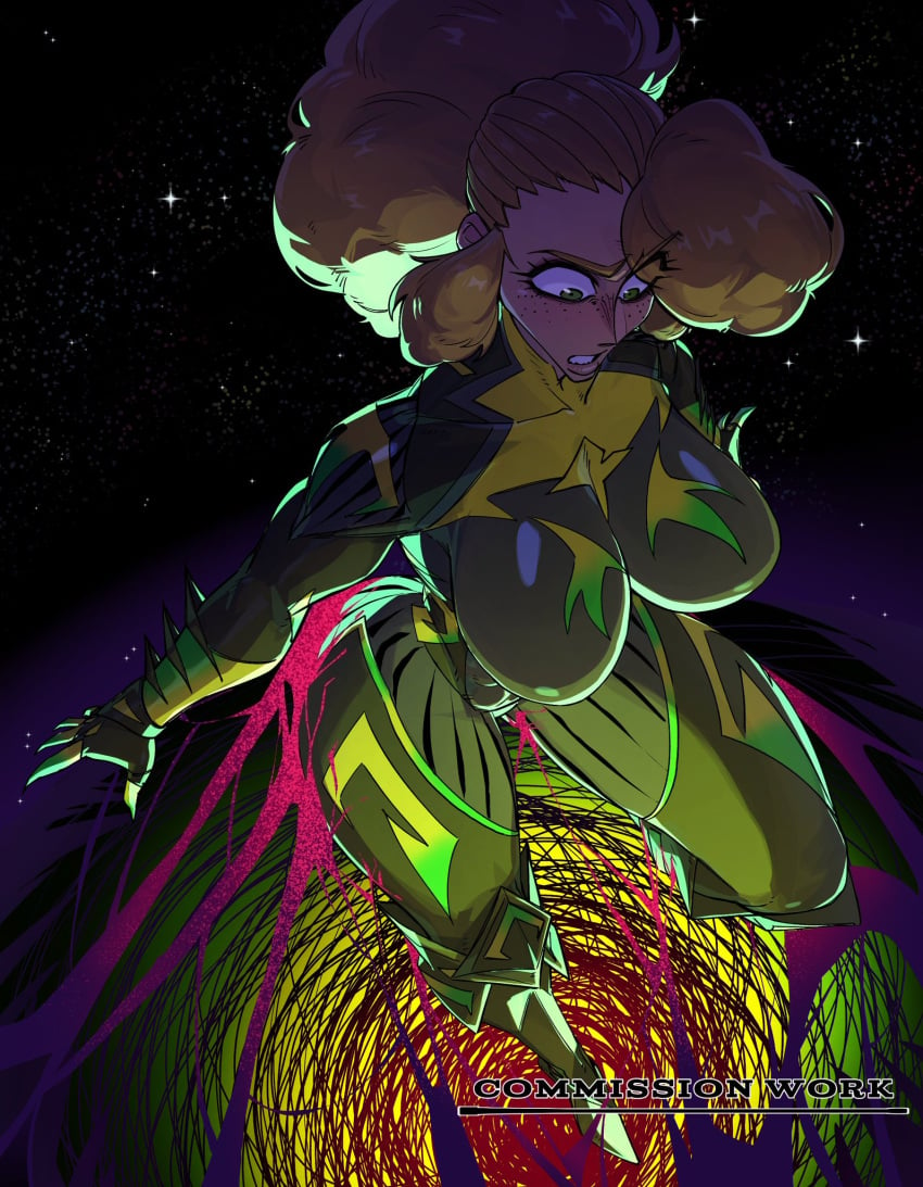 afro afro_puffs big_breasts big_thighs blonde_female blonde_hair blonde_hair_female bodysuit boobs_bigger_than_head breasts breasts_bigger_than_head commission commission_art freckles freckles_on_face high-angle_view highlights highlights_(coloring) large_boobs large_breasts night night_sky ponytail shiny_breasts shiny_clothes shisunee skin_tight skinsuit skintight superheroine supersuit tagme thick_thighs thighs thighs_bigger_than_head voluptuous voluptuous_female wide_hips