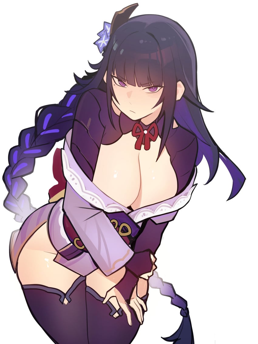 1girls absurd_res breasts cleavage distrbeachboy female female_only genshin_impact hi_res large_breasts light-skinned_female light_skin looking_at_viewer purple_eyes purple_hair raiden_shogun solo thighhighs thighs wide_hips