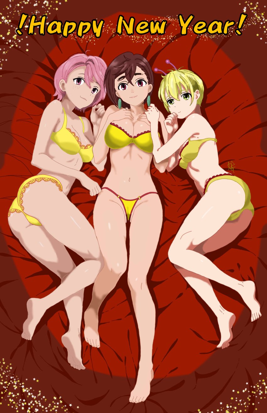 ayase_momo breasts dandadan happy_new_year shiratori_aira_(dandadan) vamola_(dandadan)