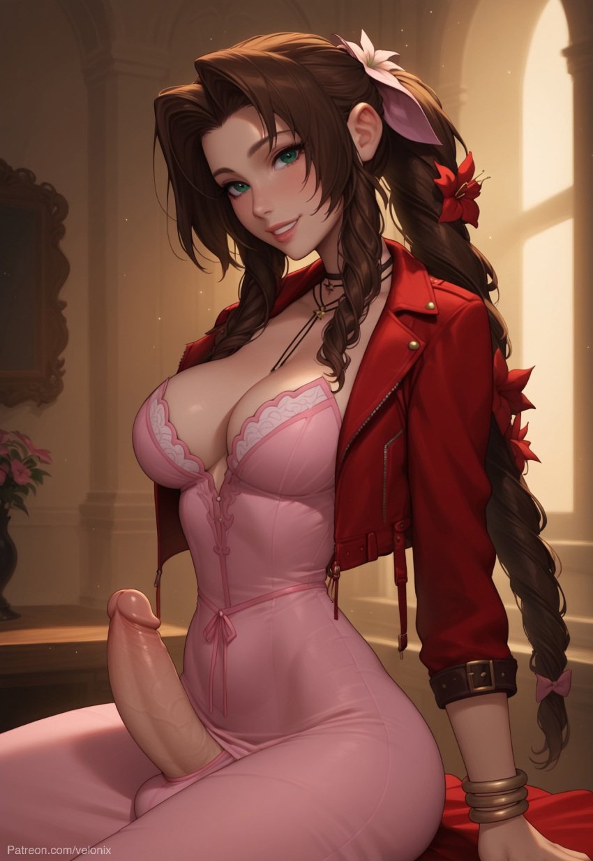 1futa 1futanari aerith_gainsborough ai_generated ass big_ass big_breasts big_butt big_hips big_penis breasts brown_hair cleavage curly_hair dick dickgirl dress eyebrows eyelashes final_fantasy final_fantasy_vii futa_only futanari green_eyes grin grinning grinning_at_viewer hair hands-free huge_cock indoors jacket lips long_hair looking_at_viewer makeup narrow_waist narrowed_eyes nose penis pink_dress red_jacket seducing seductive seductive_eyes seductive_gaze seductive_look seductive_mouth seductive_pose seductive_smile sitting smile smile_at_viewer smiley_face smooth_balls smooth_penis smooth_skin solo solo_dickgirl solo_focus solo_futa solo_futanari testicles velonix