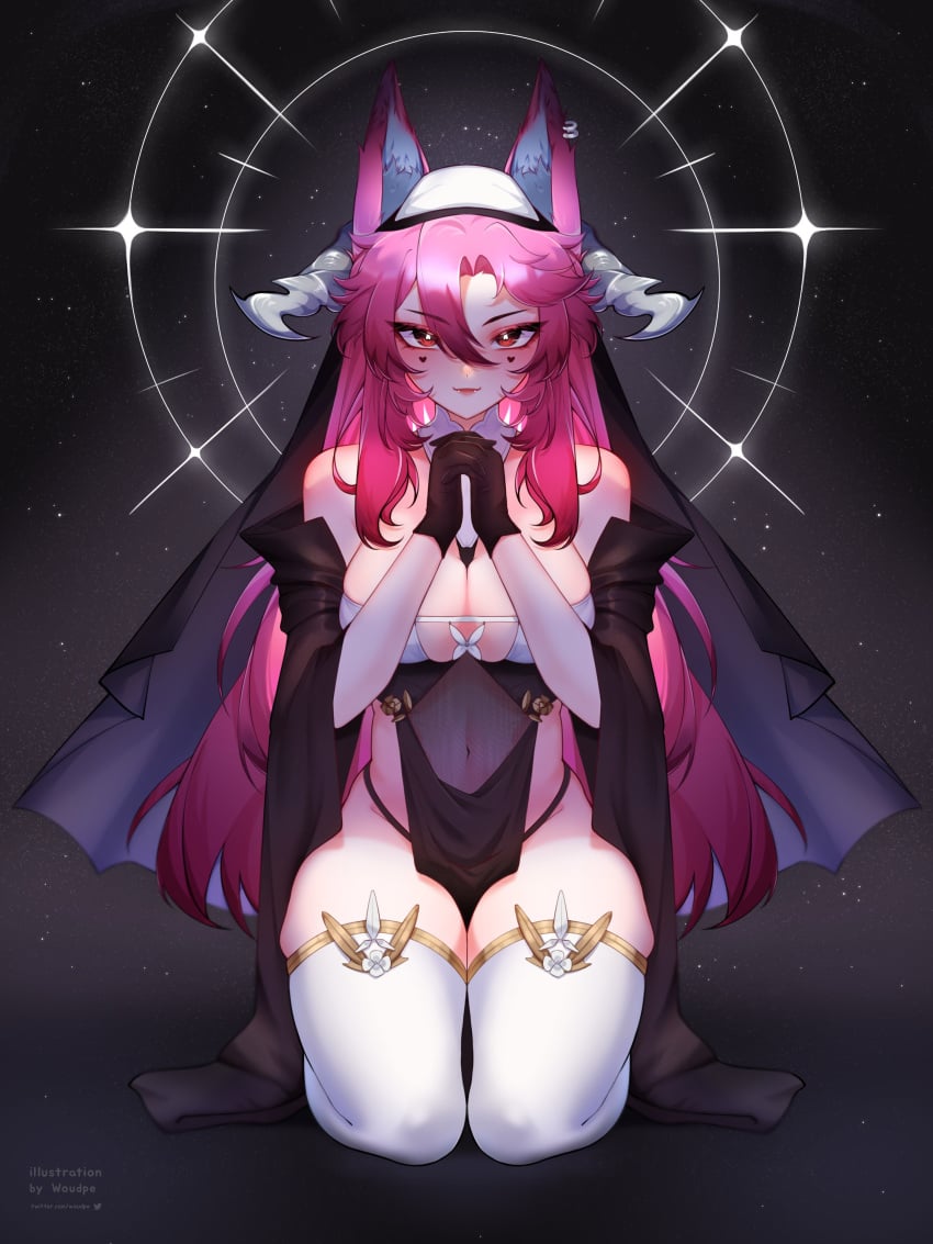 kitsune nun nun_outfit pink_hair red_eyes sexy_nun stelfiie stomach thighhighs thighs tummy