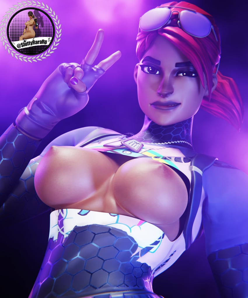 1girls 3d breasts breasts_out brite_bomber female female female_only fingerless_gloves fortnite fortnite:_battle_royale glasses_on_head looking_at_viewer painted_nails peace_sign pink_hair ponytail ramireznsfw ripped_clothing solo solo_female tagme v_sign