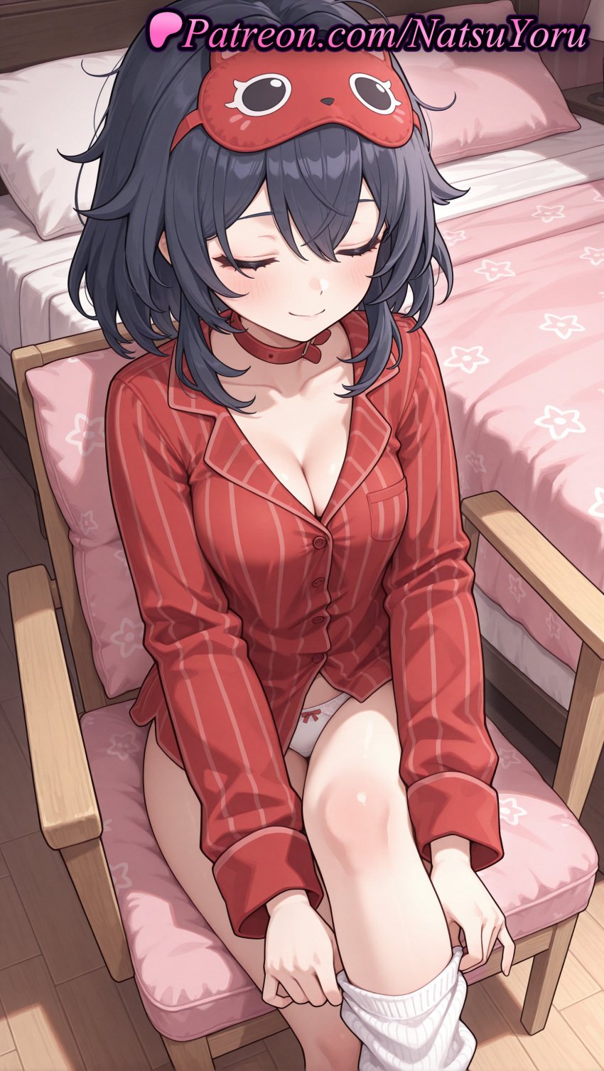 1girls ai_generated anime anime_style armchair asian bangs bed black_hair blue_hair blush bow bow_panties breasts bust busty chair choker cleavage closed_eyes closed_eyes closed_mouth clothing collar collarbone east_asian female female_focus female_only hair_between_eyes hentai hi_res high_quality high_resolution highres indoors knee_up large_breasts long_sleeves loose_socks mask mask_on_head medium_breasts medium_hair miside mita_(miside) natsuyoru no_pants on_bed on_chair pajamas panties pantsu patreon pillow red_choker red_collar red_shirt shirt short_hair sitting sleep_mask sleepy_mita_(miside) smile socks solo solo_female striped striped_clothes striped_shirt thighs underwear vertical_stripes voluptuous voluptuous_female white_panties white_socks wooden_floor